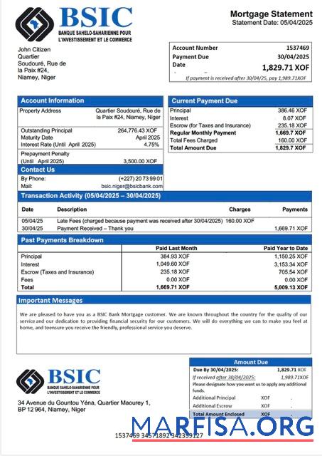 Realistic Niger BSIC Bank mortgage statement Word and PDF template